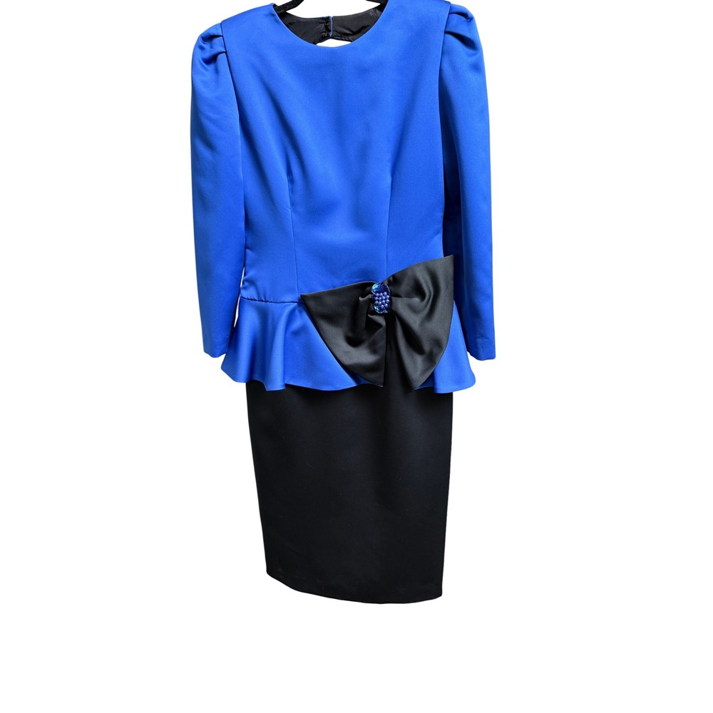 AJ Bari Vintage 80s Peplum Dress Blue Black Bow Beaded Back Cutout Size 12 Retro
